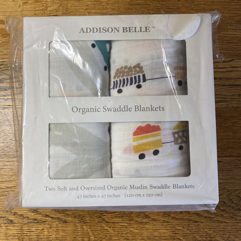 Addison Belle Organic Muslin Swaddle Blankets 2-Pack Trains/Cars New